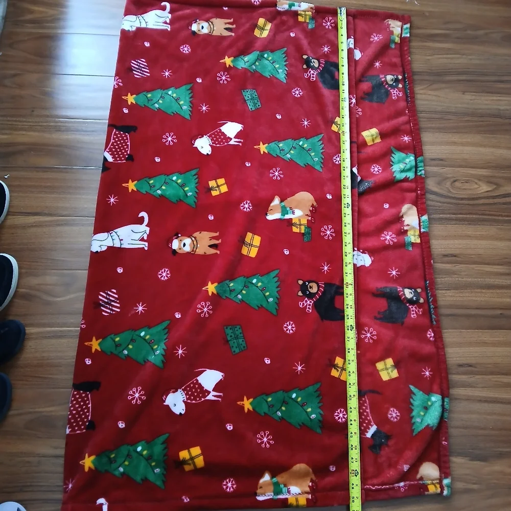 Christmas Red Holiday Blanket with Dogs, Trees, and Presents 50×57 Inches